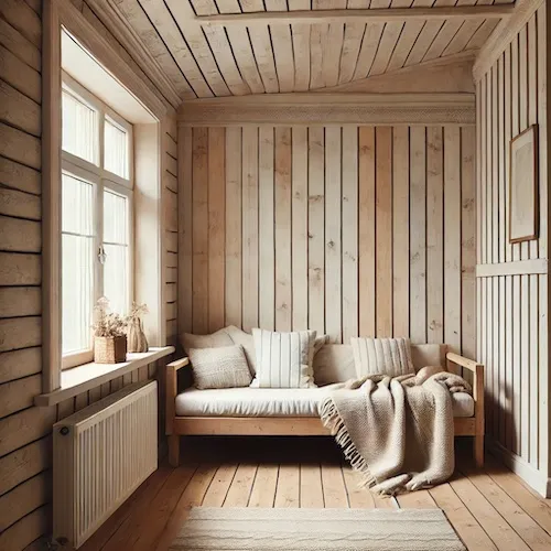 Cozy interior wall covered with wood paneling