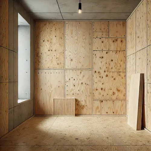 Interior wall covered with plywood panels