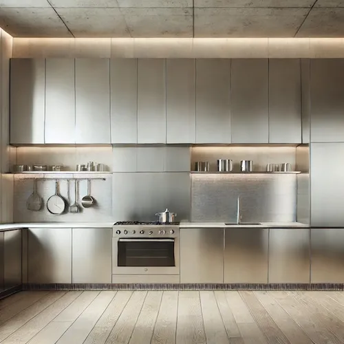 Modern kitchen wall covered with metal panels