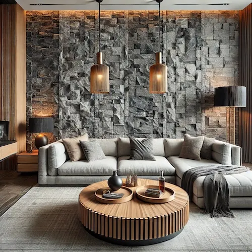 Living room wall covered with stone veneer