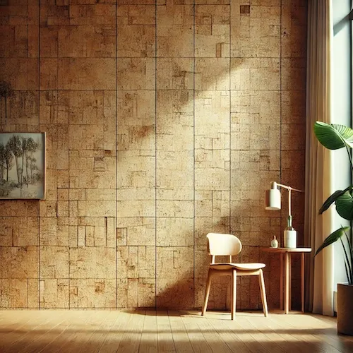 Interior wall covered with cork tiles