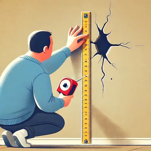 A person examining a wall with a small hole, using a measuring tape to assess the size of the damage.