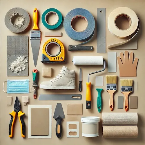 A collection of drywall repair materials neatly arranged, including drywall compound, tape, sandpaper, putty knife, utility knife, drywall patch, paint, and primer.