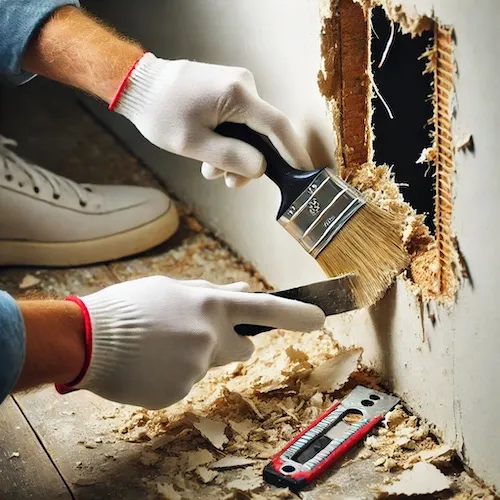 A person cleaning the area around a drywall hole, removing debris and loose paint chips with a brush and utility knife.