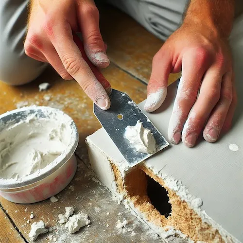 A person repairing a small drywall hole with a putty knife, applying drywall compound smoothly over the hole.