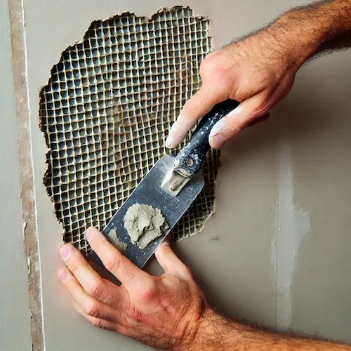 A person placing mesh tape over a medium-sized hole in drywall, smoothing it with a putty knife.