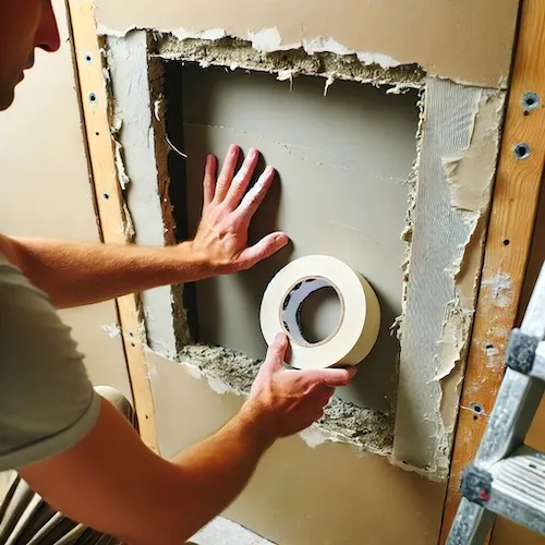 A person fitting a drywall patch into a large hole, securing it with screws and applying drywall tape around the edges.