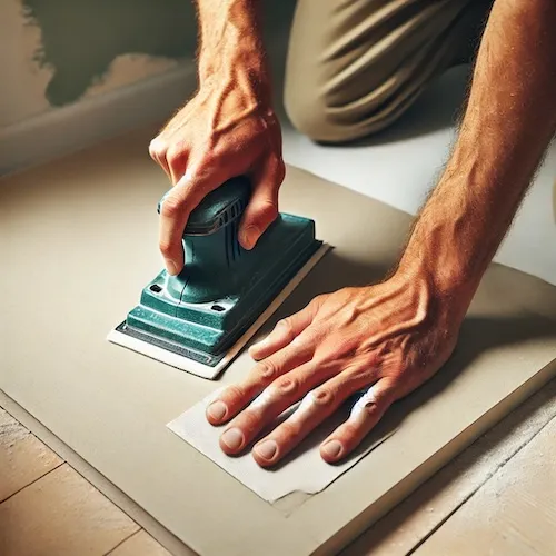 A person sanding a drywall patch area with fine-grit sandpaper, ensuring a smooth finish.