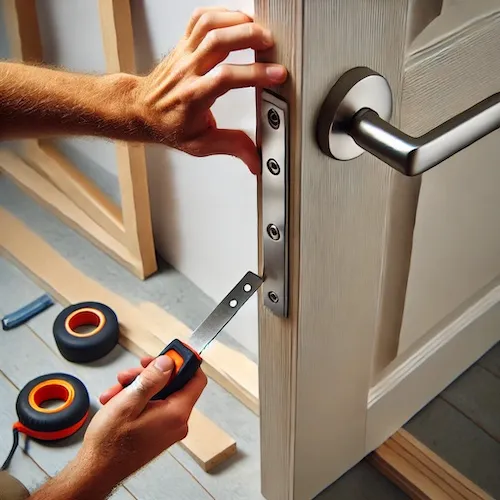 A person installing a door stopper on the wall to prevent future damage, ensuring it aligns with the door handle.