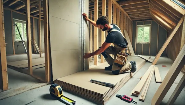 A worker installing drywall panels in a room, cutting and attaching the drywall sheets to the wooden framework of the building on a typical construction site.