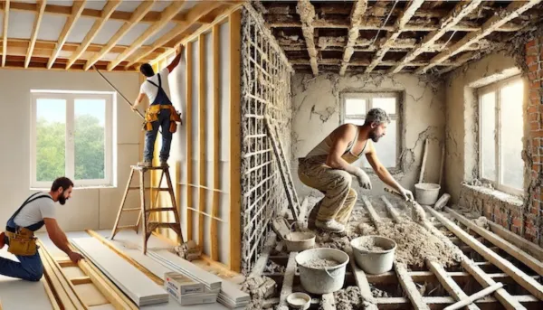 A comparison of traditional plaster and drywall methods, featuring a worker applying plaster to a lath framework on one side and another worker installing drywall on the other side, highlighting the contrast between old and new construction techniques.