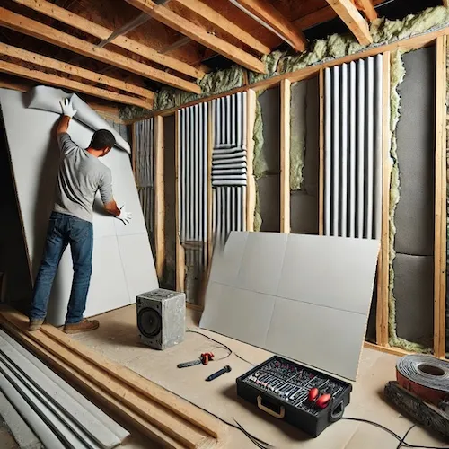 A person installing soundproof drywall in a home theater room.