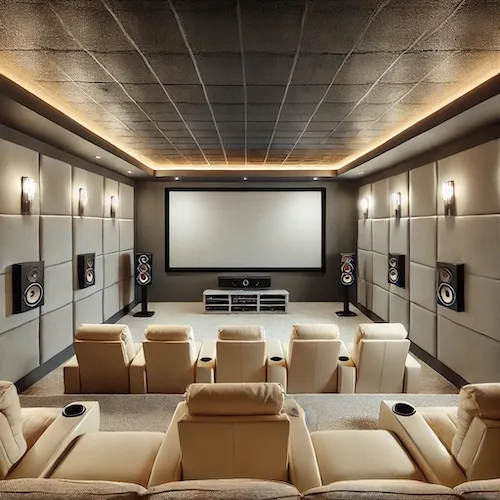 A completed home theater with soundproof drywall, showcasing a clean and polished interior.